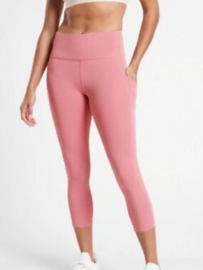 Athleta High-Waist Rose Pink Capri Leggings with Side Pockets